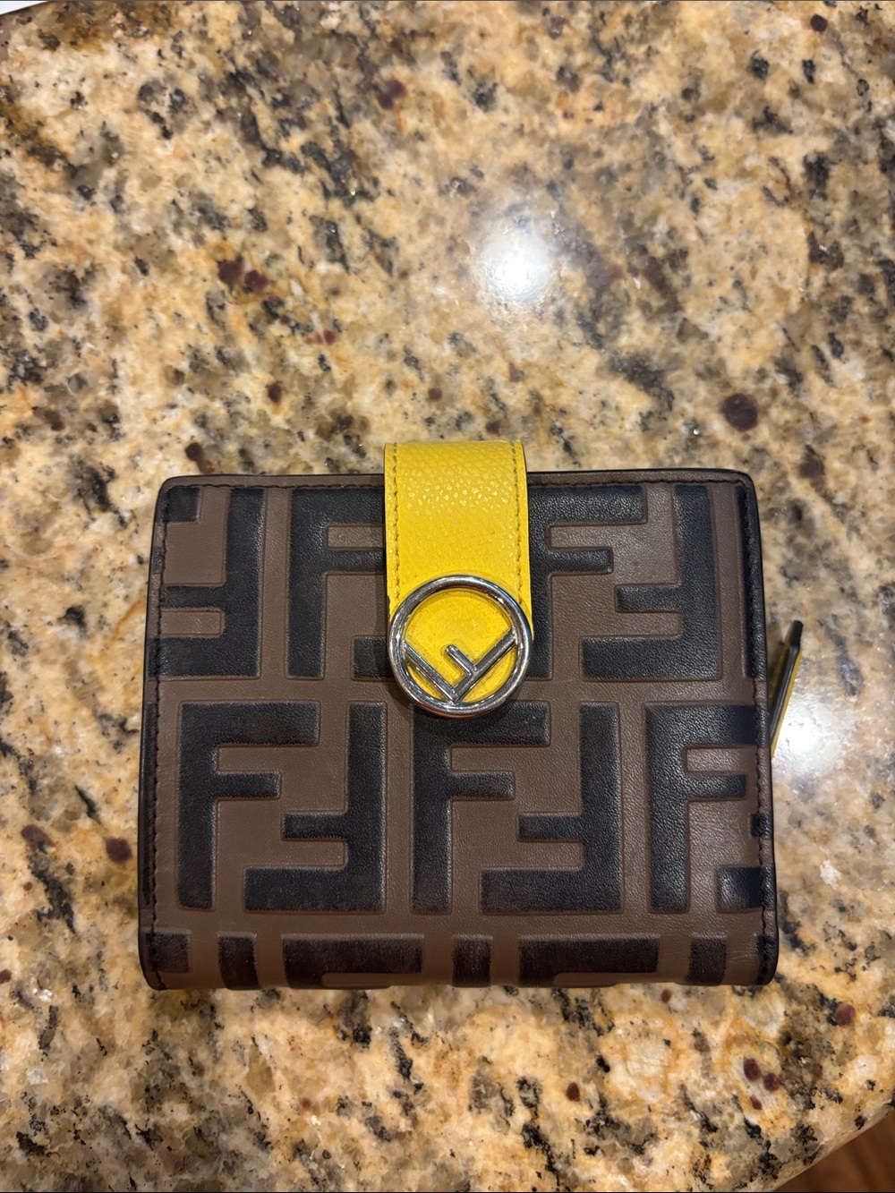 Fendi Brown Monogram Wallet with Yellow Snap Strap